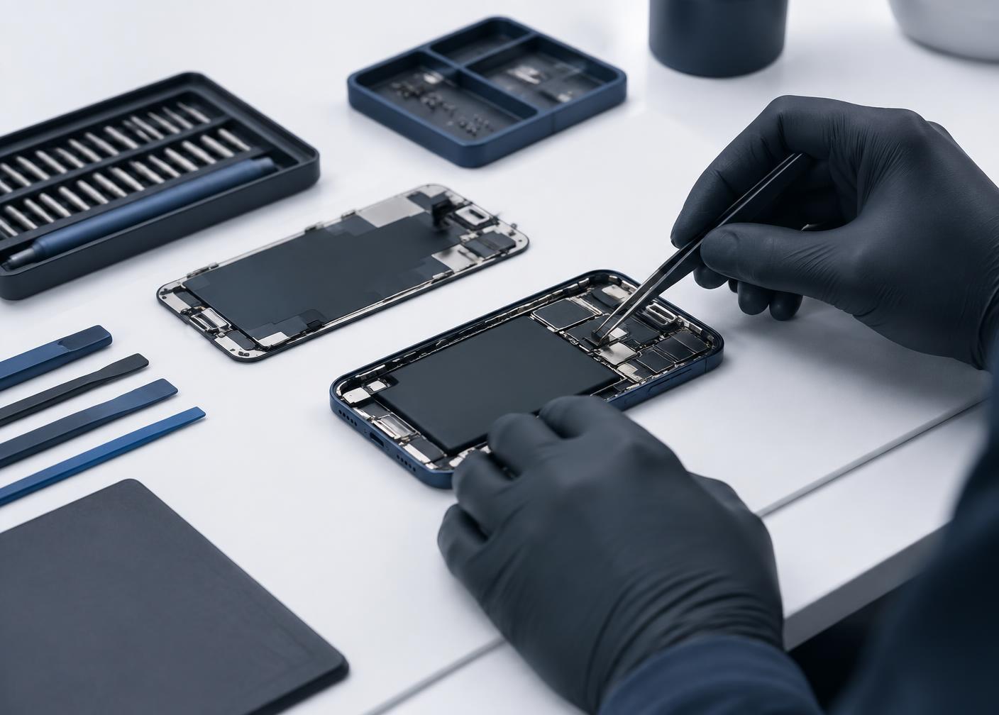 Teknisyenin iPhone üzerinde hassas onarım yapması